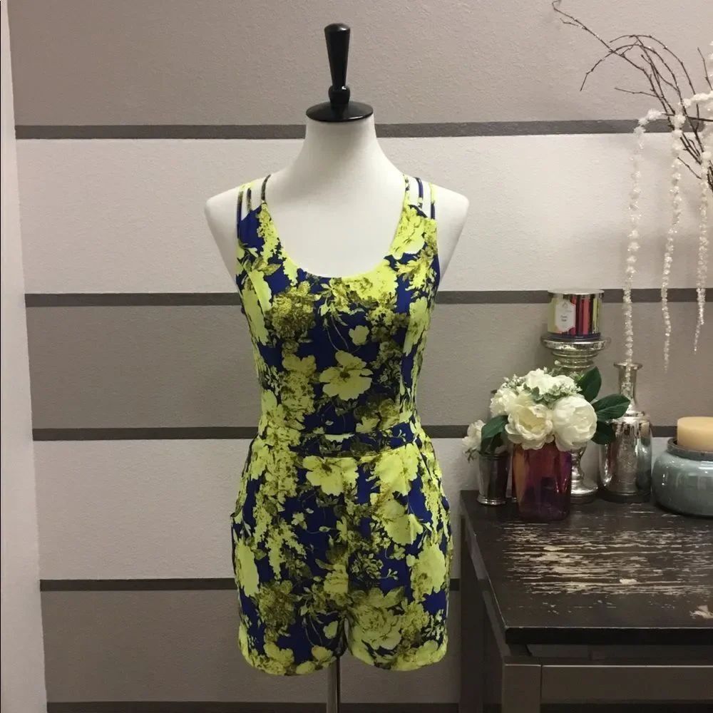 Ark & Co.-Royal Blue and Neon Yellow Floral Romper